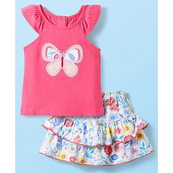 Babyhug Single Jersey Knit Sleeveless Top & Skirt Set With Floral Print & Butterfly Embroidery - Dark Pink & White
