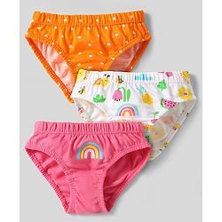 Babyhug 100% Cotton Panties With Polka Dots & Rainbow Print Pack Of 3 - Orange White & Dark Pink
