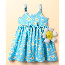Babyhug Single Jersey Knit Sleeveless Floral Printed Frock with Sling Bag & Bow Applique - Light Blue