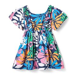 Babyhug Single Jersey Knit Half Balloon Sleeves Dress With Floral Print - Navy Blue
