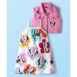 Babyhug Disney Single Jersey Knit Frill Sleeves Frock with Bloomer & Minnie Mouse Print - White