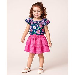 Babyhug Single Jersey Knit Half Sleeves Top & Schiffli Skirt Set With Floral Print - Navy Blue & Pink