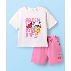Babyhug Single Jersey Knit Half Sleeves Top & Shorts with Fruit Print - White & Pink