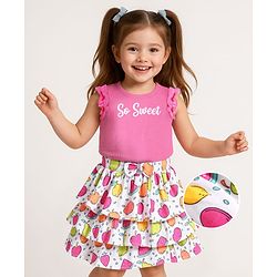 Babyhug Single Jersey Knit Sleeveless T-Shirt & Skirt Set with Tropical & Text Print - Pink & White