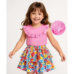 Babyhug Single Jersey Knit Sleeveless Top & Skirt Set With Floral Print - Pink