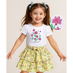 Babyhug Single Jersey Knit Half Sleeves Top & Skirt Set with Floral Print & Bow Applique - Yellow & White