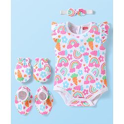 Babyhug 100% Cotton Interlock Knit Sleeveless Onesie with Hair Band Booties & Mittens with Floral & Tropical Print - White & Pink