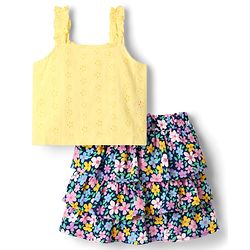 Babyhug Schiffili Knit Sleeveless Top & Skirt with Floral Print - Yellow & Pink
