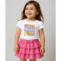 Babyhug Single Jersey Knit Half Sleeves Top & Skirt Set with Beach Day Text Print - Pink