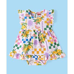 Babyhug 100% Cotton Knit Frill Sleeves Frock Style Onesie with Oranges Print - White