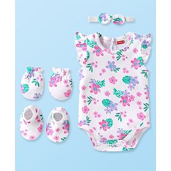 Babyhug 100% Cotton Knit Half Sleeves Floral Printed Onesie with Hairband & Mittens Booties - White