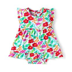 Babyhug Interlock Knit Frill Sleeves Onesie with Floral Print - Light Green & Red
