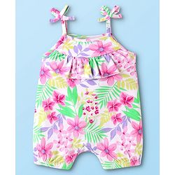 Babyhug 100% Cotton Knit Sleeveless Romper with Floral Print - White