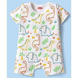 Babyhug 100% Cotton Knit Half Sleeves Dino Printed Romper - White