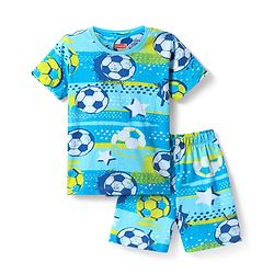 Babyhug Cotton Knit Half Sleeves Shorts Co-ord Nightsuit with Football - Blue