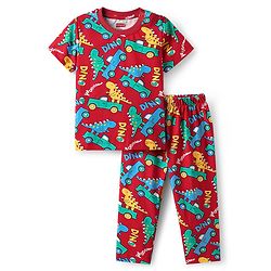 Babyhug Cotton Knit Half Sleeves Night Suit With Dino Print - Red
