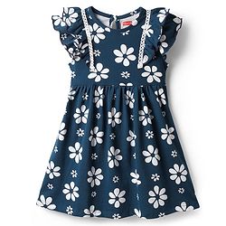Babyhug 100% Cotton Frill Sleeves Floral Printed Frock With Lace Detailing - Navy Blue