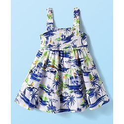 Babyhug Rayon Woven Sleeveless Beach Theme Printed Frock with Smocking - White