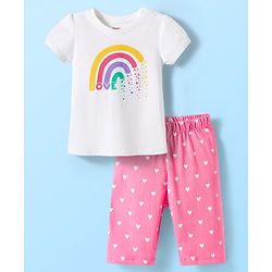 Babyhug Cotton Knit Half Sleeves Capri Night Suit with Hearts & Rainbow Print - White & Pink