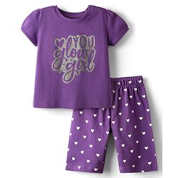 Babyhug Cotton Knit Half Sleeves Capri Night Suit With Text & Heart Print - Violet