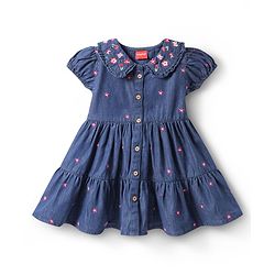 Babyhug Half Puffed Sleeves Peter Pan Collared Front Open Denim Frock with Floral & Stars Embroidery - Navy Blue