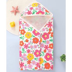 Babyhug Terry Cotton Knit Hooded Towel with Floral Print L 73 x B 73 cm - White