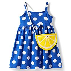 Babyhug Single Jersey Knit Sleeveless Frock & Sling Bag with Polka Dot - Blue