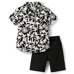 Babyhug Cotton Woven Half Sleeves Shirt & Denim Shorts Set with Floral Print - Black
