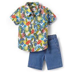 Babyhug Cotton Woven Half Sleeves Shirt & Denim Shorts Set With Leaf Print - Blue