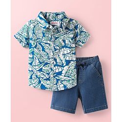 Babyhug Cotton Woven Half Sleeves Shirt & Denim Shorts With Zebra & Flamingo Print - Blue