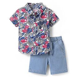 Babyhug Cotton Woven Half Sleeves Shirt & Short Set With Leaves Print - Blue