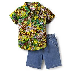Babyhug Cotton Woven Half Sleeves Shirt & Denim Short with Floral Print - Blue