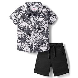 Babyhug Cotton Woven Half Sleeves Shirt & Denim Shorts Set with Leaves Print - Black