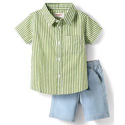 Babyhug Cotton Woven Half Sleeves Shirts and Shorts Set with Stripes - Light Green