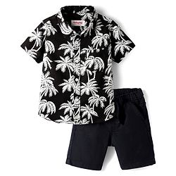 Babyhug Cotton Woven Half Sleeves Shirt & Denim Shorts Set With Tree Print - Black & White