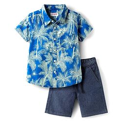 Babyhug Cotton Woven Half Sleeves Shirt & Denim Shorts Set With Tree Print - Blue