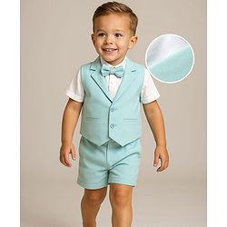 Babyhug Knit Half Sleeves Solid 3 Piece Party Suit With Bow - Mint Green