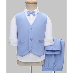 Babyhug Knit Full Sleeves Solid Color 3 Piece Party Suit with Bow Applique - White & Blue