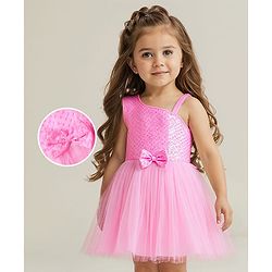 Babyhug Woven Sleeveless Fit & Flare Mesh Party Dress with Bow Applique & Sequin Embroidery - Pink