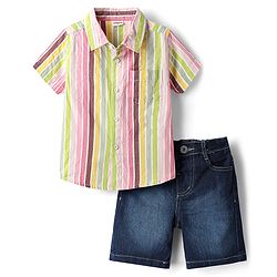 Babyhug Cotton Knit Half Sleeves Shirt & Shorts Set with Stripes - Navy Blue