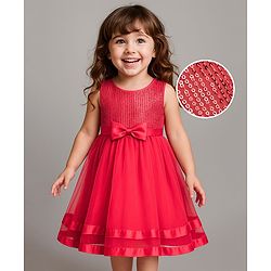 Babyhug Woven Sleeveless Fit & Flare Party Dress with Bow Applique & Sequin Detailing - Red