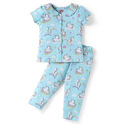 Babyhug Cotton Knit Half Sleeves Front Open Co-Ords Night Suit with Unicorn Print - Light Blue
