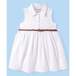 Babyhug Rayon Woven Sleeveless Front Open Collared Dress With Schiffli Detailing - White