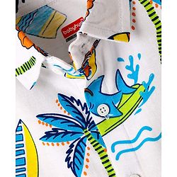 Babyhug 100% Cotton Knit Half Sleeves Shirt With Beach Theme Print & Short Set - White & Orange