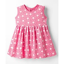 Babyhug Single Jersey Knit Sleeveless Frock with Floral Print - Pink