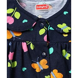 Babyhug Cotton Knit Frill Sleeves Night Suit With Floral & Butterfly Print - Navy Blue