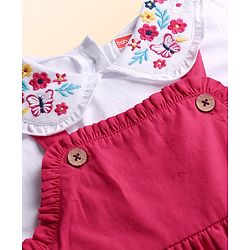 Babyhug 100% Cotton Full Sleeves Floral & Butterfly Embroidered Frock With Inner Tee - Dark Pink & White
