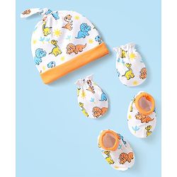 Babyhug Interlock Knit Cap Mittens & Booties Set With Dinosaur Print Orange - Diameter 10 cm