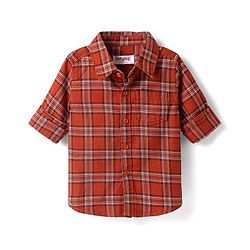 Babyhug Cotton Woven Full Sleeves Checkered Shirt & Trouser Set - Rust Orange & Beige