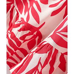 Babyhug Rayon Woven Half Sleeves Frock with Leaves Print & Bow Applique - Red